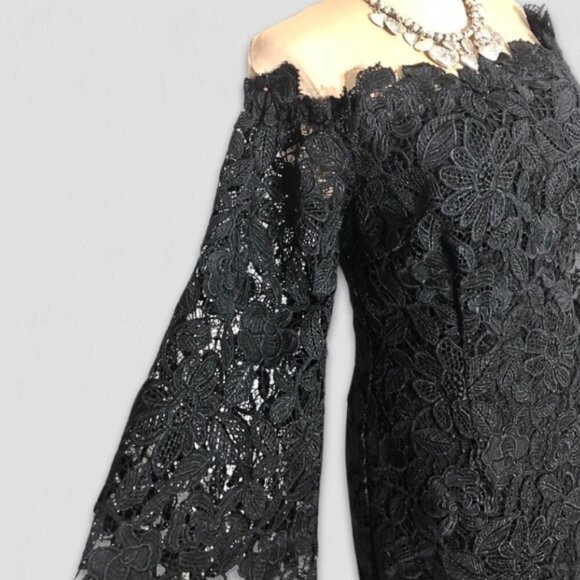 Free People Black Floral Lace Off Shoulder Dress Size 6 - Picture 10 of 13